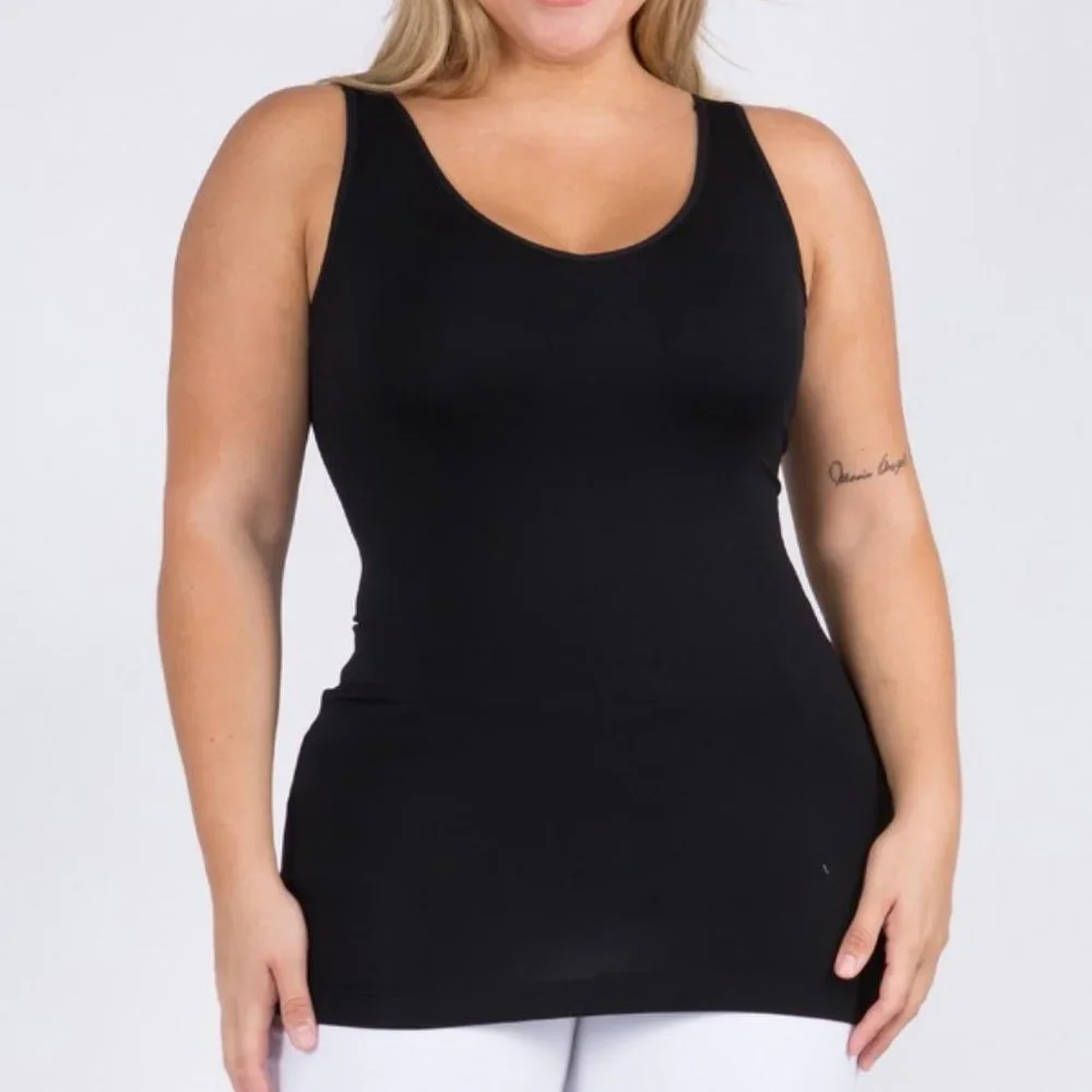 YELETE Plus 1 Size Black Seamless Tank Top. Long Version. Reversible U or V Neck - Picture 1 of 5